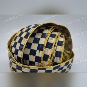 MACKENZIE-CHILDS 2" Courtly Check Ribbon Two (2) Yards Black Ivory Gold Wired